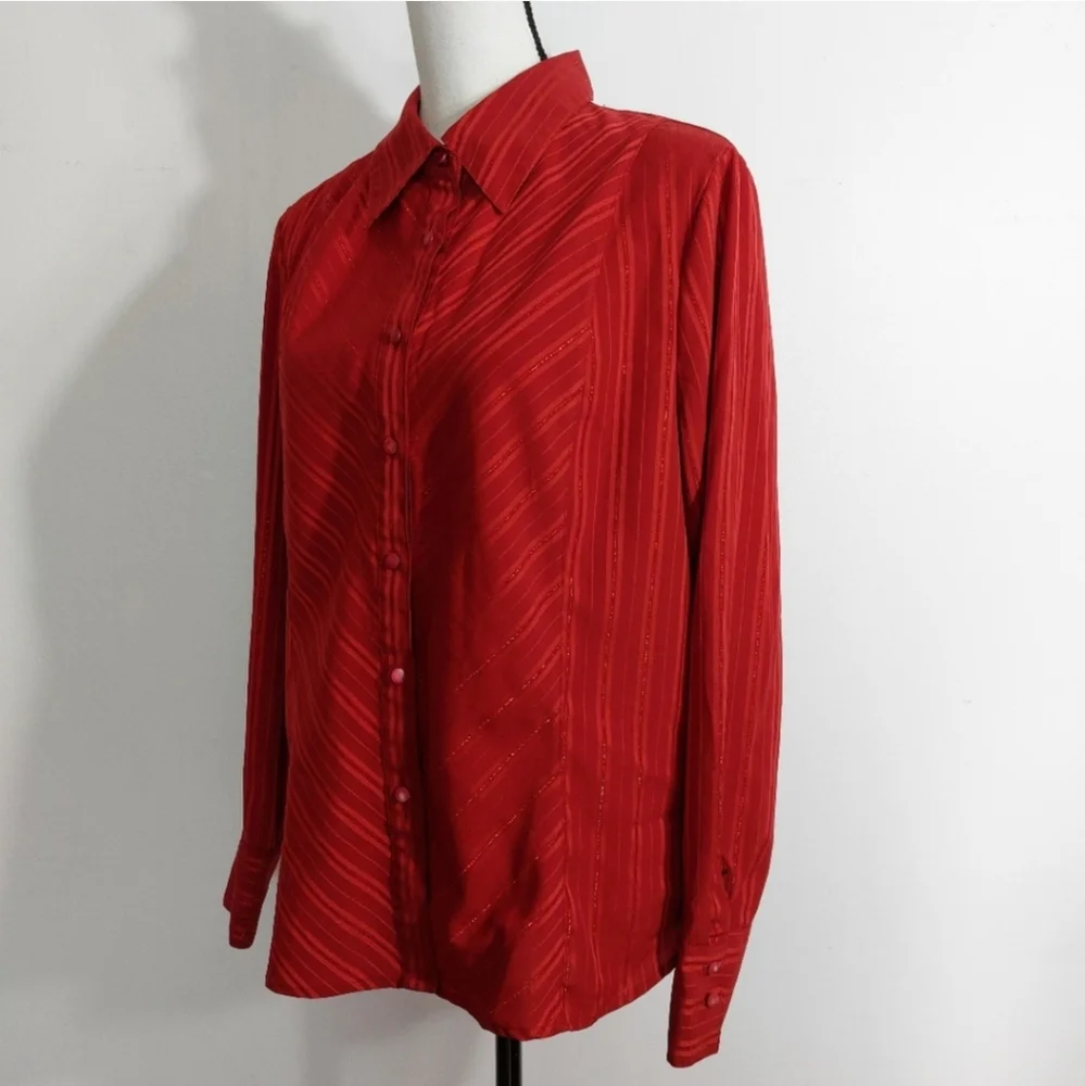 East 5th Red Metallic Diagonal Stripes Button Front Blouse Size XL - Picture 7 of 11
